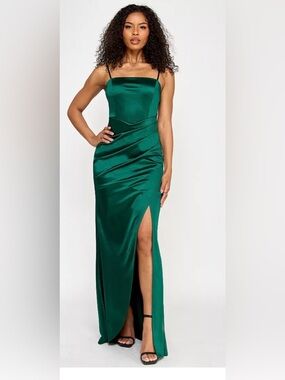 Emerald Sundae Emerald Satin Strapless Maxi Dress with Thigh Slit